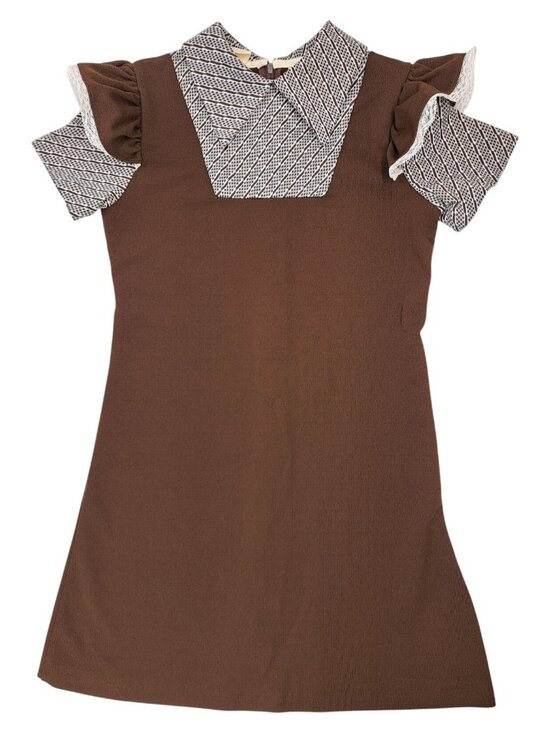 Mary Ann Dress Company Other - Vintage Girl Dress Polyester Brown Size 12 Lace Trimmed Sleeves Geometric Collar